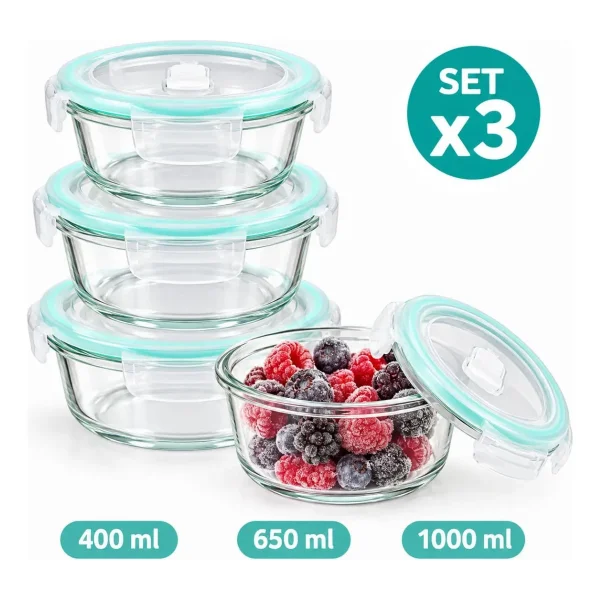 Set X3 Tuppers Contenedores Hermeticos Vidrio Horno Freezer Transparente