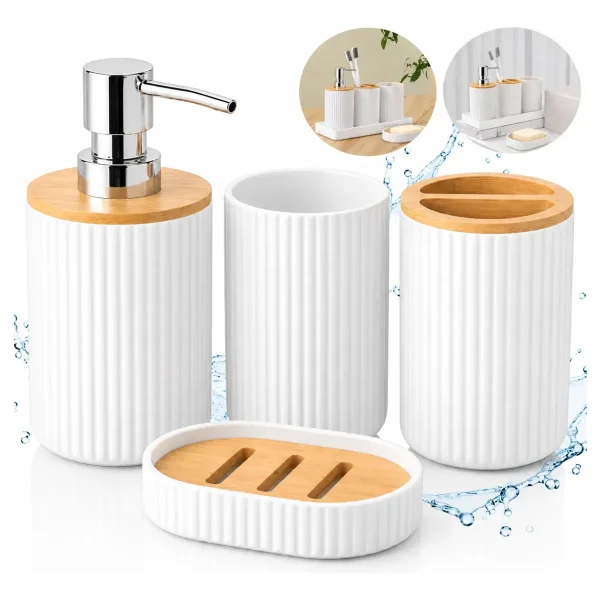 Set Accesorios Baño Kit 4 Piezas Dispenser Plastico Bambu Blanco