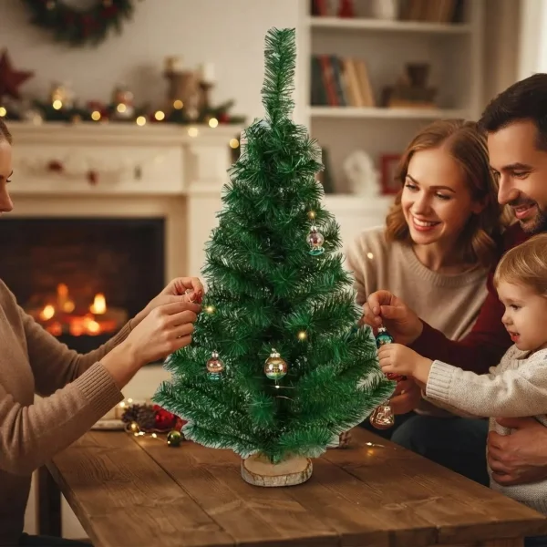 Arbolito De Navidad Mini 0,80mts Con Base De Tronco Natural Verde