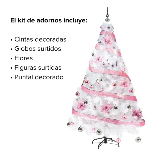 Arbol Navidad Blanco Tronador De Lujo 1.80mts + Kit Rosa Blanco