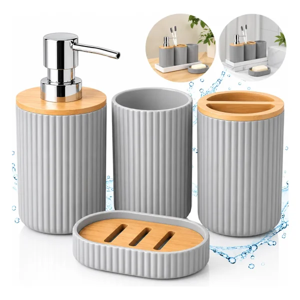 Set Accesorios Baño Kit 4 Piezas Dispenser Plastico Bambu Blanco