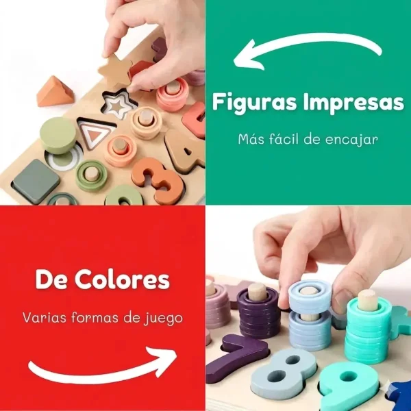 Tablero Madera Montessori 3 En 1 Números Formas Sensorial Multicolor