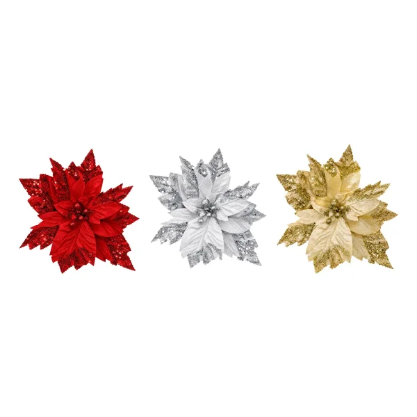 Flor Navideña 32cm Con Brillo Terciopelo Adorno Pick Navidad Plateado