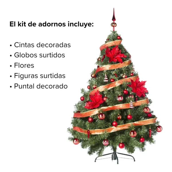 Arbol de Navidad Verde Montañes Deluxe 1,50mts + Decoracion Rojo