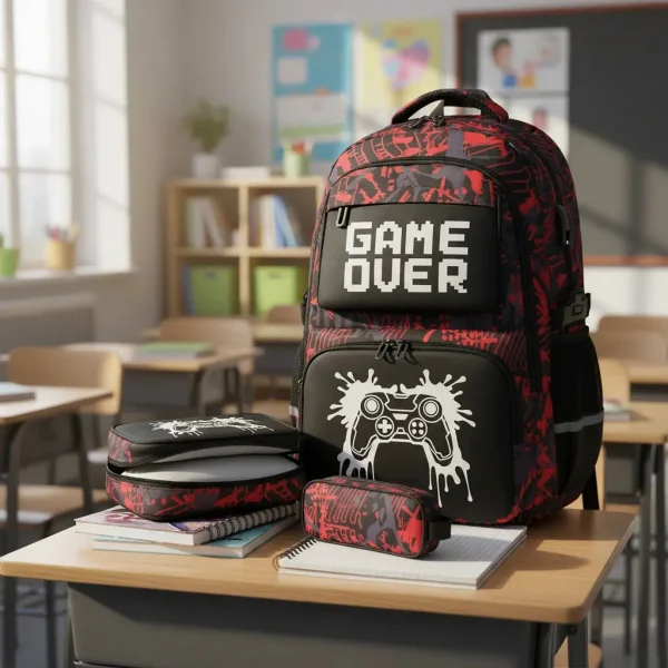 Mochilas Escolares 3 En 1 Cartuchera Lonchera Game Over Nene