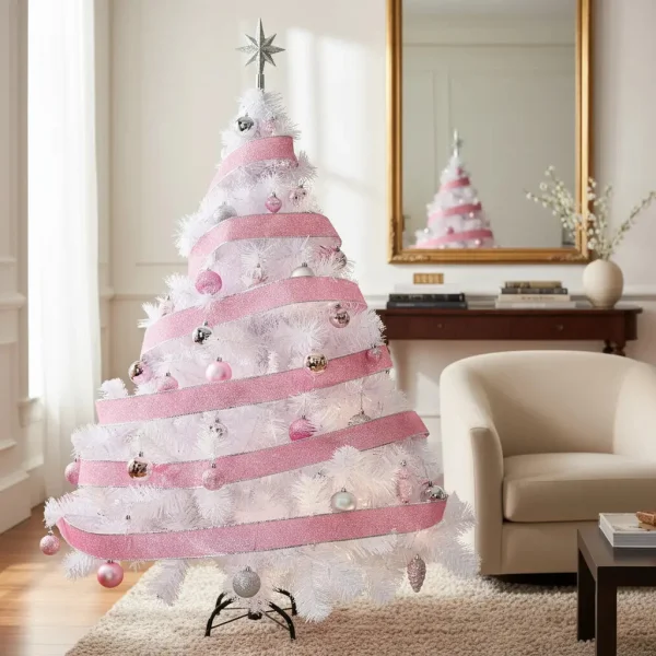 Arbol De Navidad Blanco Montañes Deluxe 1.5mts + Kit Rosa