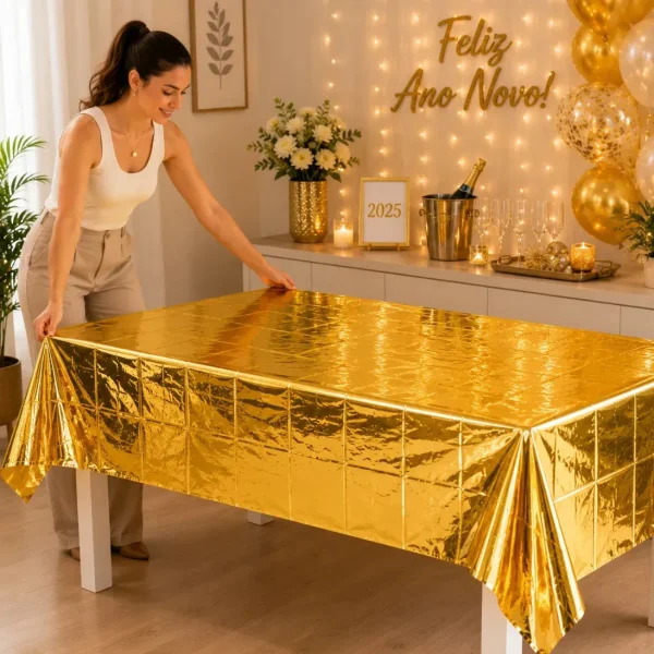 Mantel Metalizado Rectangular Decoración Cumpleaños 137x183 Dorado