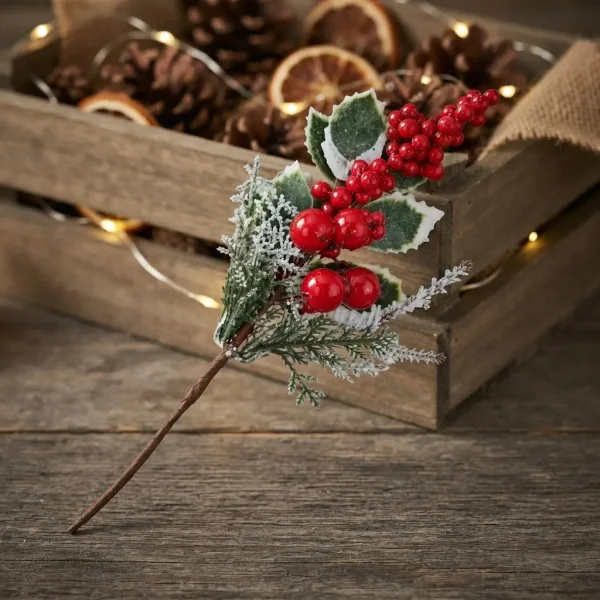 Vara Pick Navideño Decorativo Frutos Rojos Muérdago Nevado Rojo