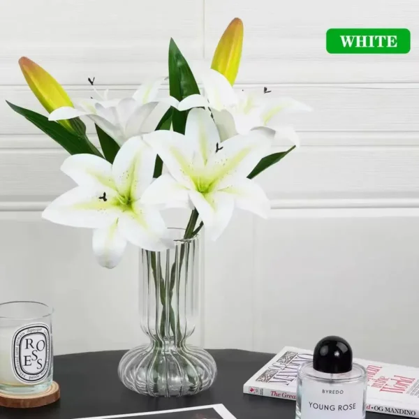 Ramo De Flores Lirios Artificiales Lilium Toque Real 36cm Blanco