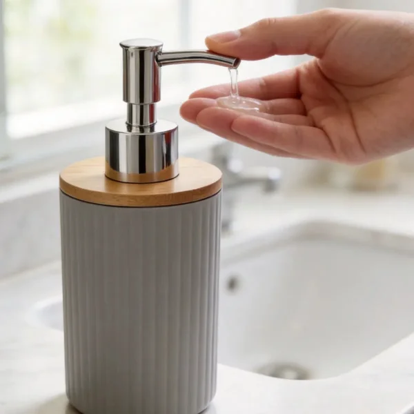 Set Accesorios Baño Kit 4 Piezas Dispenser Plastico Bambu Blanco