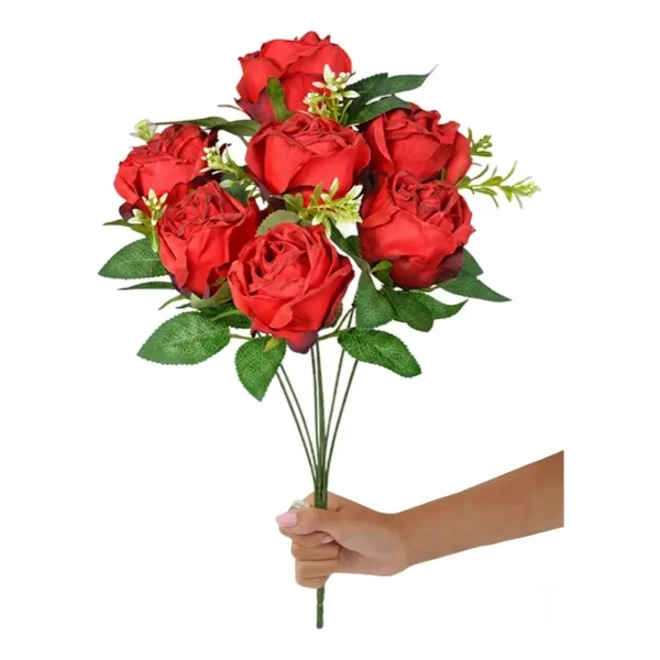 Flores Artificiales Ramo Rosas Rojas Grande 40cm Pack X3 Rojo