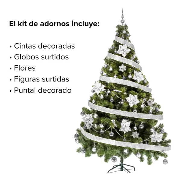 Arbolito De Navidad Tronador De Lujo 2,10m Kit 60 Plata Deco Verde
