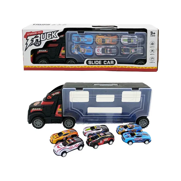 Camión Porta Autos Valija + 6 Autos De Carrera A Fricción Color Negro