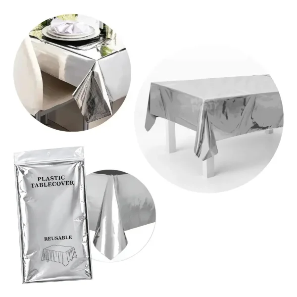 Mantel Metalizado Rectangular Pack X5 Decoración Cotillón Plateado Lisa