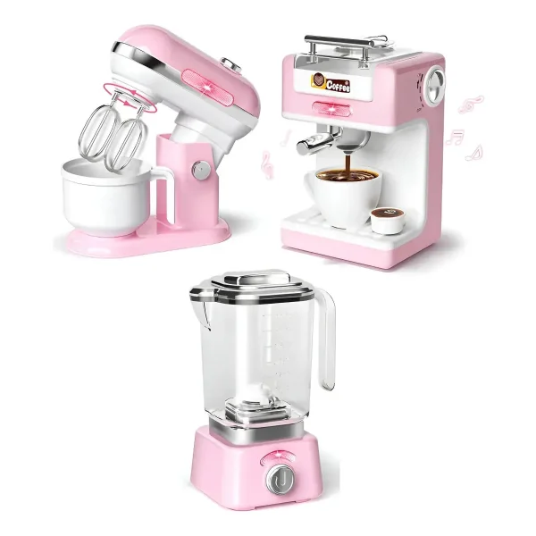 Juego De Cocina Electrodomésticos X3 Piezas Con Luz Y Sonido Rosa