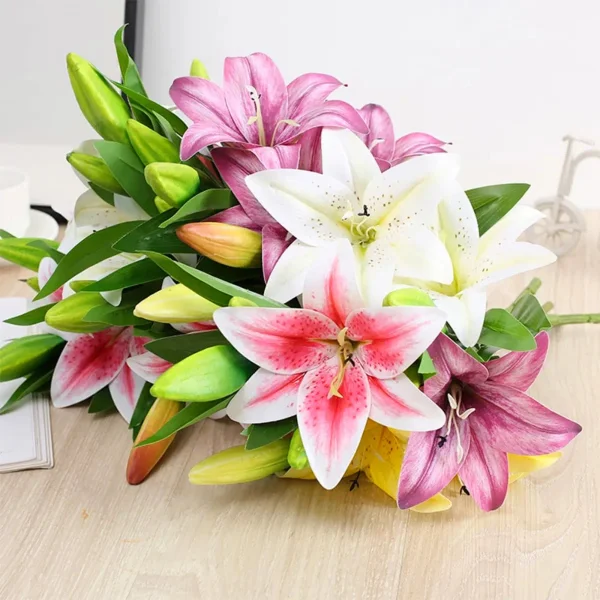 Ramo De Flores Lirios Artificiales Lilium Toque Real 36cm Amarillo