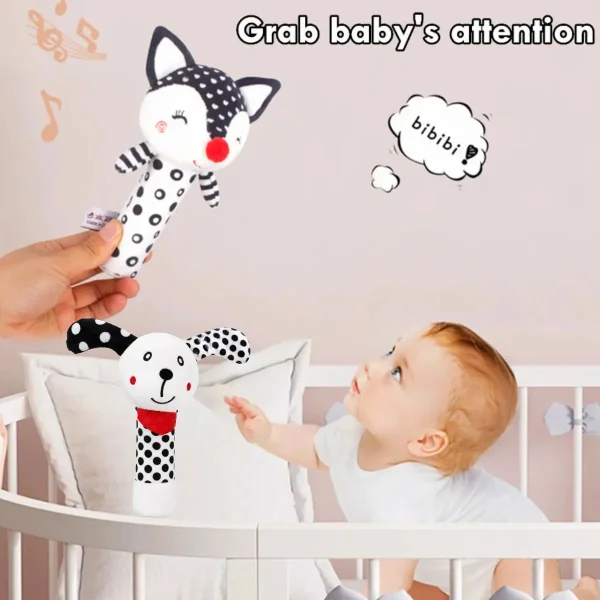 Sonajero Peluche Perrito Para Bebé Con Chifle Blanco Y Negro Blanco Y Negro