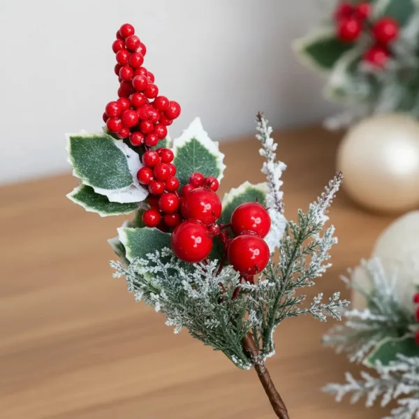 Vara Pick Navideño Decorativo Frutos Rojos Muérdago Nevado Rojo