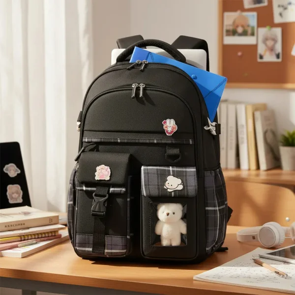 Mochila Escolar Infantil Colegio Urbana Reforzada Para Niñas Color Negro Diseño De La Tela Liso