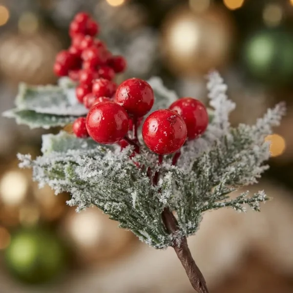 Vara Pick Navideño Decorativo Frutos Rojos Muérdago Nevado Rojo