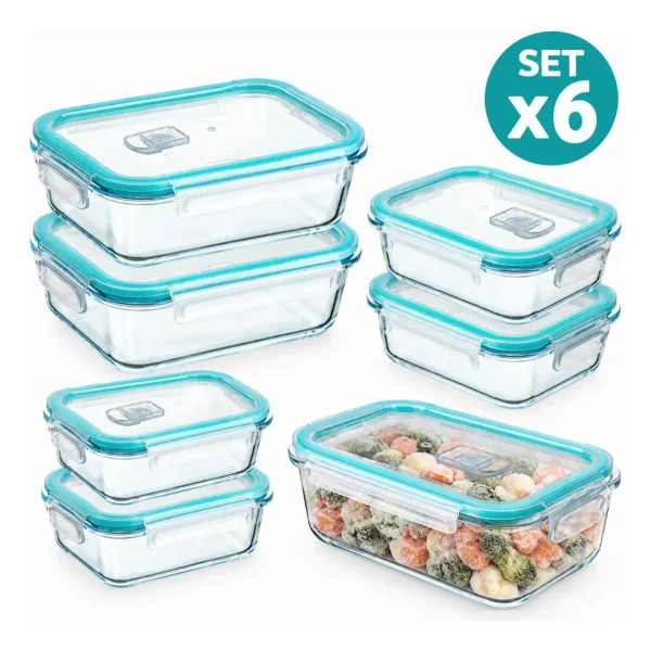 Tupper Contenedor Hermético Vidrio Set X6 Microondas Freezer Transparente