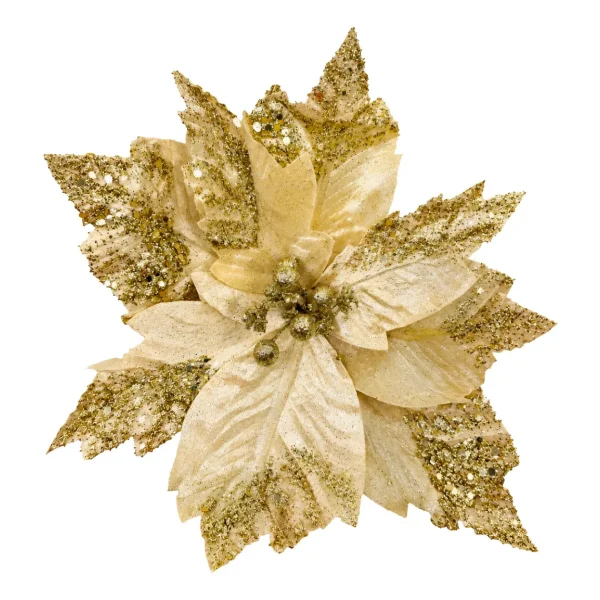 Flor Navideña 32cm Con Brillo Terciopelo Adorno Pick Navidad Dorado