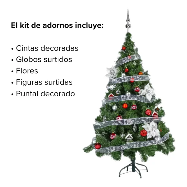 Arbol de Navidad Tronador Verde 1,50mts + Kit 40 Rojo Plata