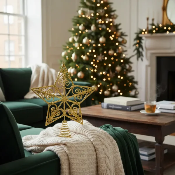 Puntal Estrella Adorno Para Árbol De Navidad 25cm Dorado Oscuro Puntal Estrella