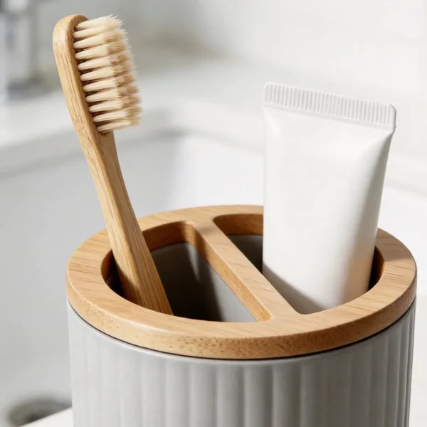 Set Accesorios Baño Kit 4 Piezas Dispenser Plastico Bambu Gris