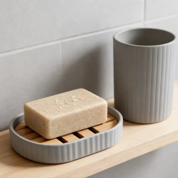 Set Accesorios Baño Kit 4 Piezas Dispenser Plastico Bambu Gris