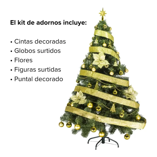 Arbol de Navidad Tronador De Lujo Verde 1,50mts + Kit 40 Oro