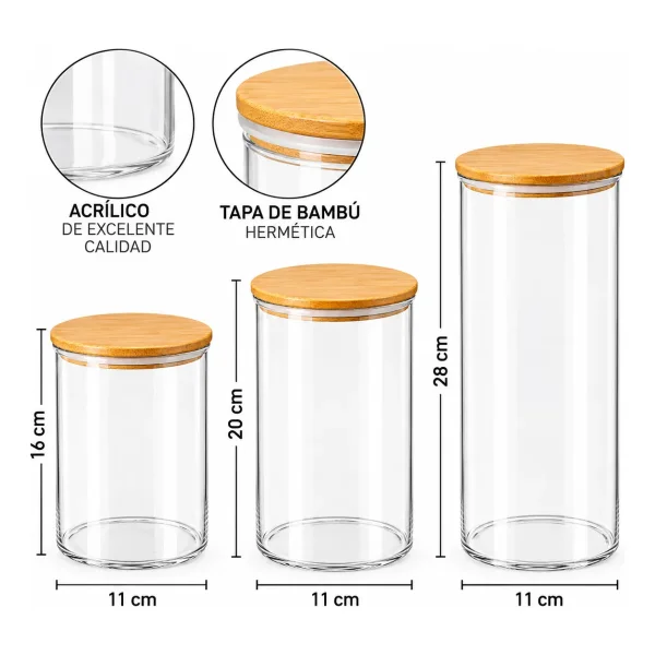 Set X3 Frascos Contenedores Acrílico Tapa Hérmetico Bambú Transparente
