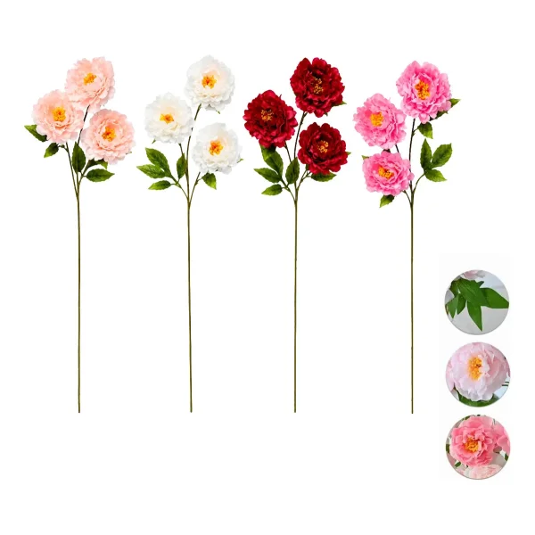 Vara Peonias Artificiales 70cm Flores Grandes Deco Pack X3 Blanco