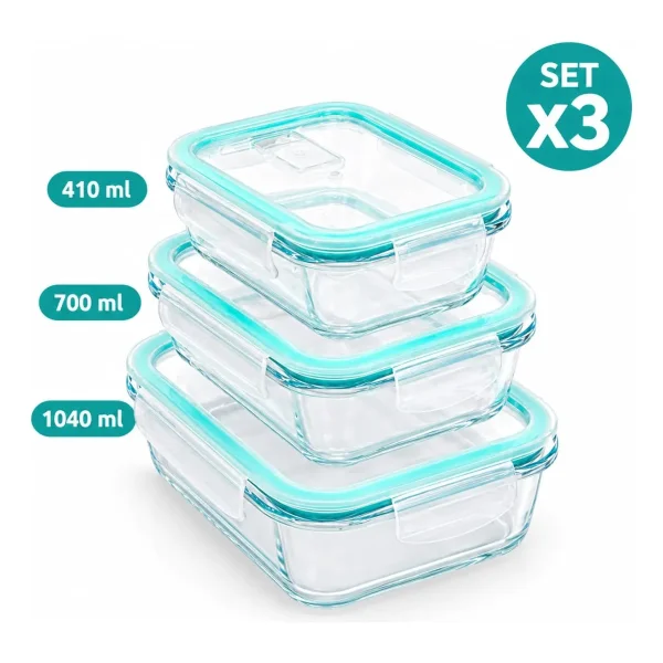 Tupper Contenedor Hermético Vidrio Set X3 Microondas Freezer Transparente