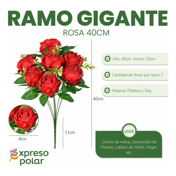 Flores Artificiales Ramo Rosas Rojas Grande 40cm Pack X3 Rojo
