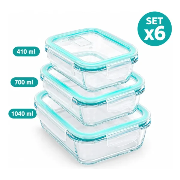 Tupper Contenedor Hermético Vidrio Set X6 Microondas Freezer Transparente