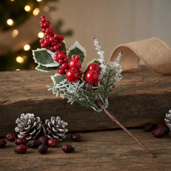 Vara Pick Navideño Decorativo Frutos Rojos Muérdago Nevado Rojo