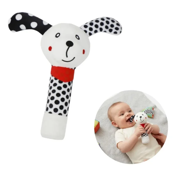 Sonajero Peluche Perrito Para Bebé Con Chifle Blanco Y Negro Blanco Y Negro