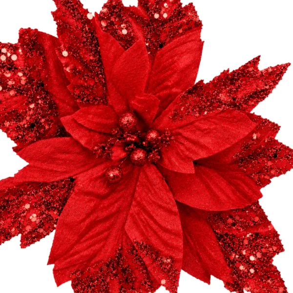 Flor Navideña 32cm Con Brillo Terciopelo Adorno Pick Navidad Rojo