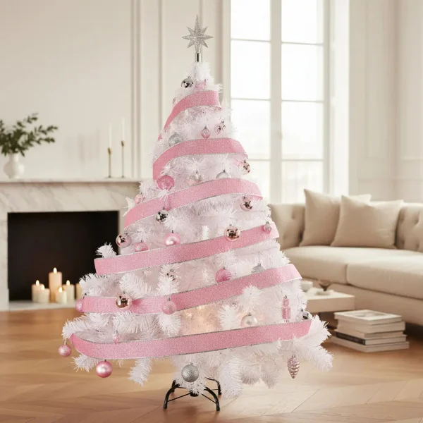 Arbol De Navidad Blanco Montañes Deluxe 1.5mts + Kit Rosa