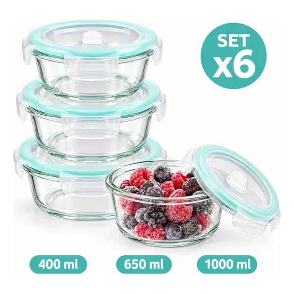 Set X6 Tuppers Contenedores Herméticos Vidrio Horno Freezer Transparente