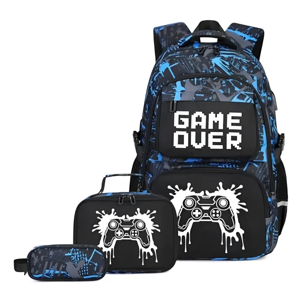 Mochilas Escolares 3 En 1 Cartuchera Lonchera Game Over Nene