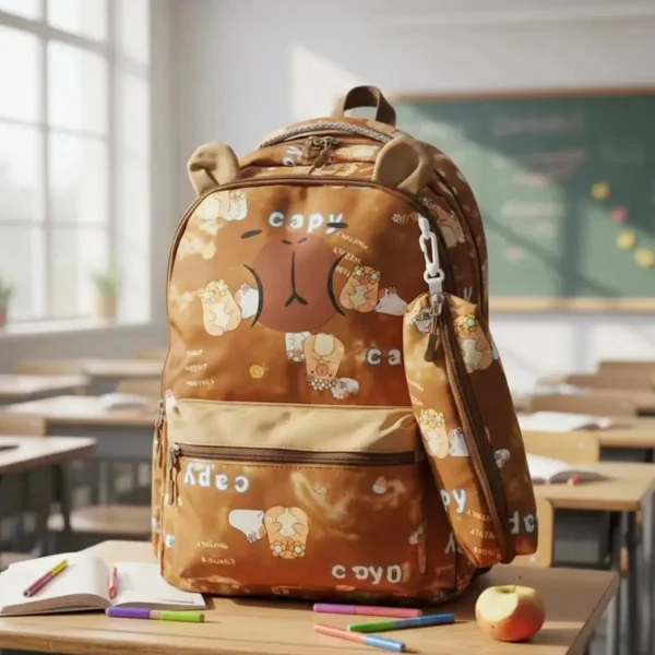 Mochila Escolar + Cartuchera Capibara Infantil Para Niños/as