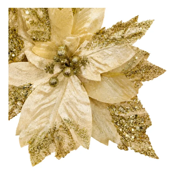 Flor Navideña 32cm Con Brillo Terciopelo Adorno Pick Navidad Dorado