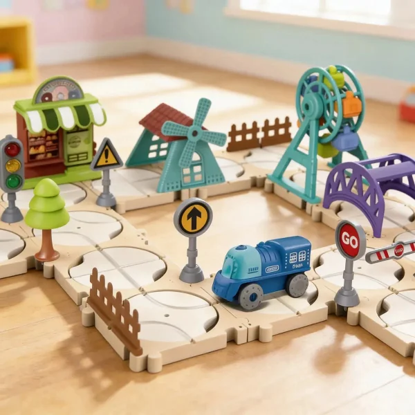 Pista Tren Eléctrico Puzzle 65 Diy Armable Niños Tren Beige