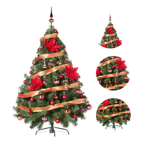 Arbol de Navidad Verde Montañes Deluxe 1,50mts + Decoracion Rojo