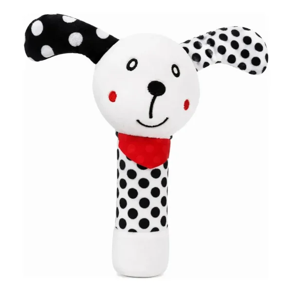 Sonajero Peluche Perrito Para Bebé Con Chifle Blanco Y Negro Blanco Y Negro