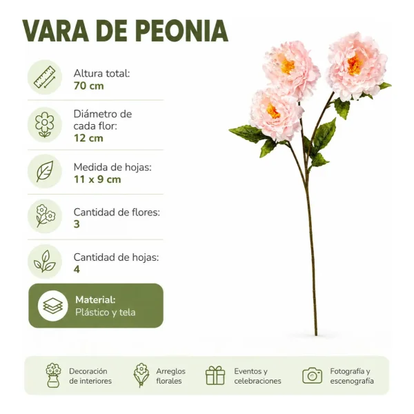 Vara Peonias Artificiales 70cm Flores Grandes Deco Pack X3 Rosa