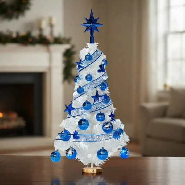 Arbolito De Navidad Blanco 80cm Con Adornos 30 Piezas Azul Blanco Y Azul