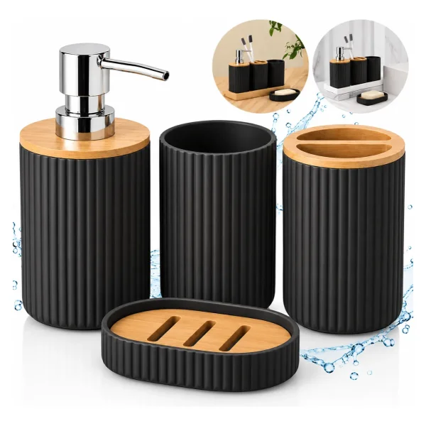 Set Accesorios Baño Kit 4 Piezas Dispenser Plastico Bambu Negro